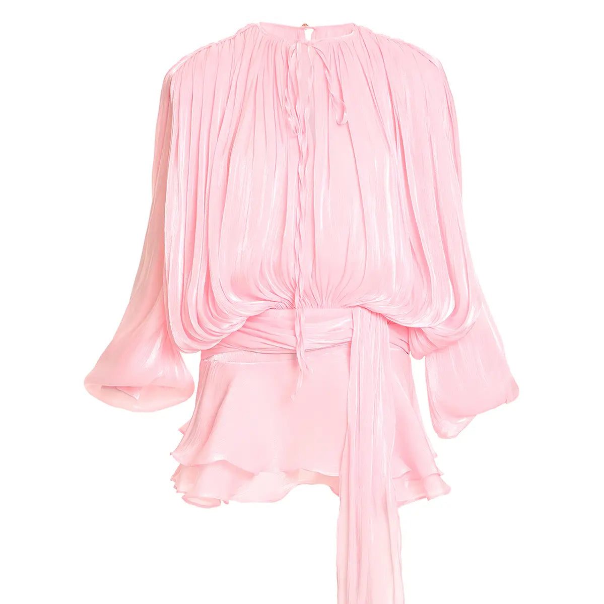 Glossy Blush Satin Fabric Ruffled Pleats Tie Blouse