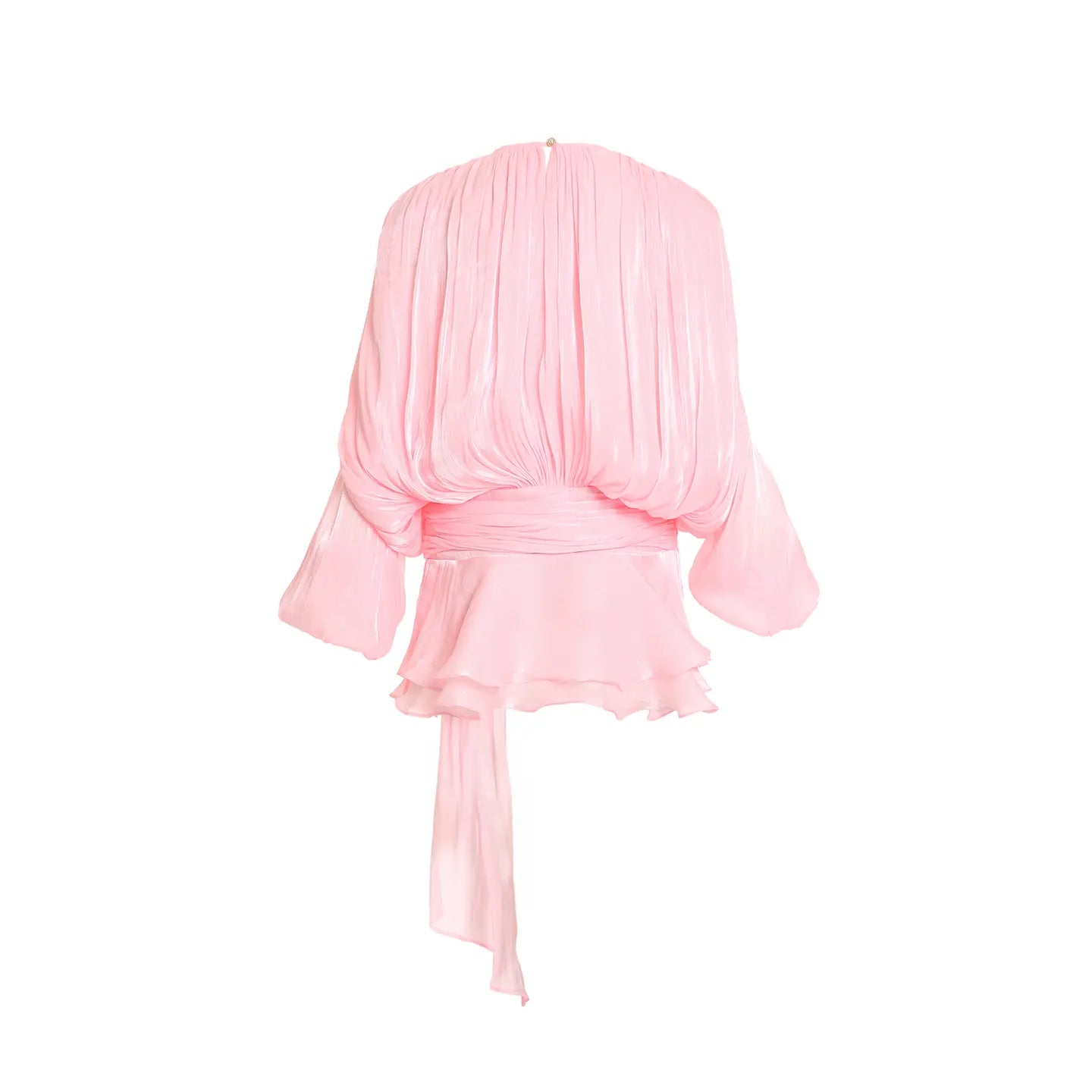Glossy Blush Satin Fabric Ruffled Pleats Tie Blouse