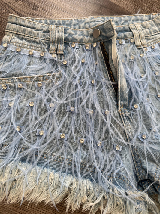 Blue Denim Rhinestone Feather Shorts