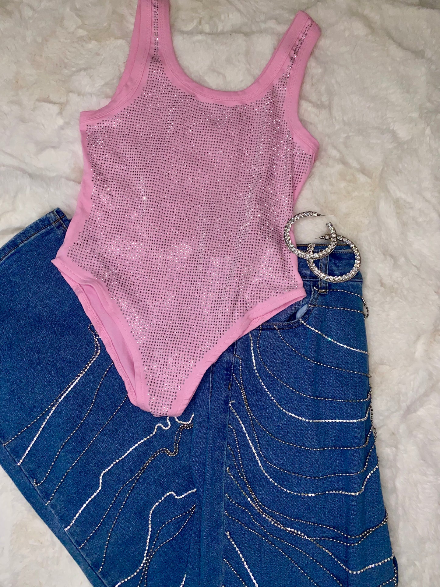 Earned It Rhinestone Bodysuit in Pink